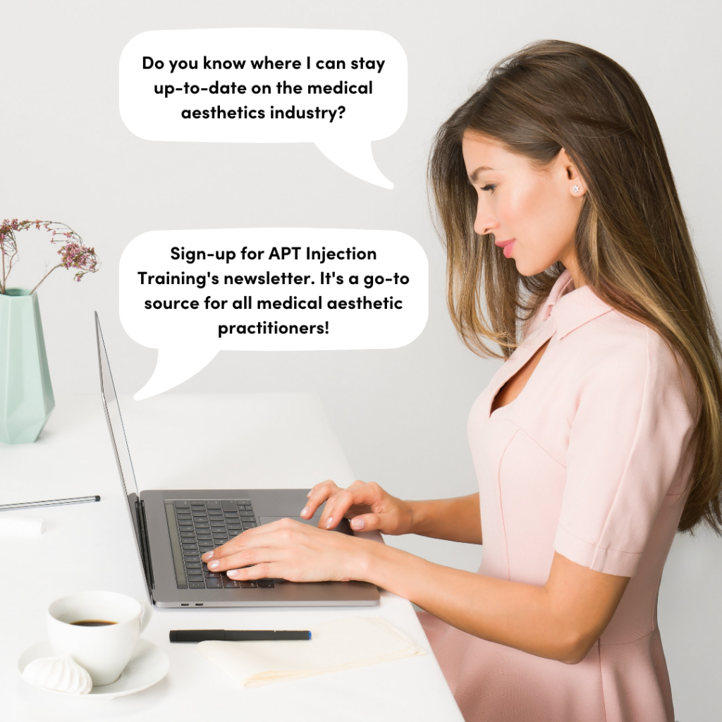 A woman staying up to date on medical aesthetics industry news by signing up for APT's newsletter
