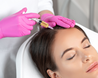 A female patient receiving scalp injection from a medical practitioner